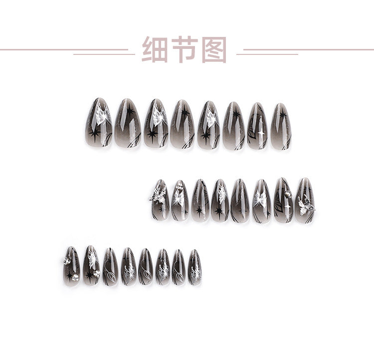 Ice Reflected with Silver Bow Wear Nail Black Cool Spicy Asterism Rhinestone Nail Beauty Long Almond Nail Fake Nails Nail Tip