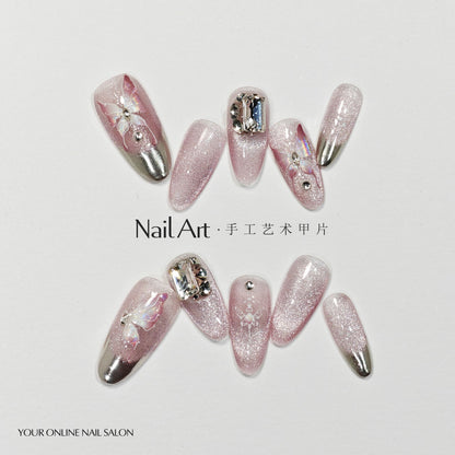 Handmade Wear Armor Autumn and Winter Advanced Butterfly French Cat Eye Magic Mirror Nail Stickers Handmade Fake Nail Tip Wholesale