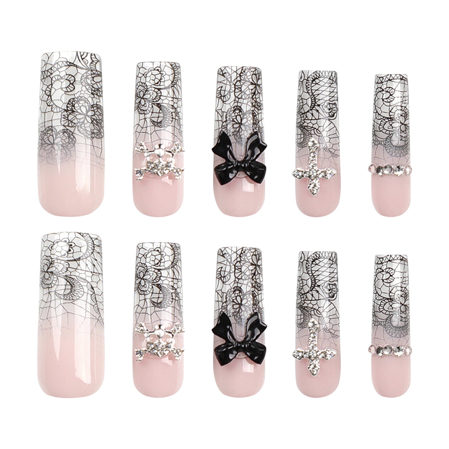 New Black Bow Ice Transparent Wear Nail Sweet Cool Flash Diamond Cross Nail Art Long Ladder Sand Pattern Removable Nail Tip