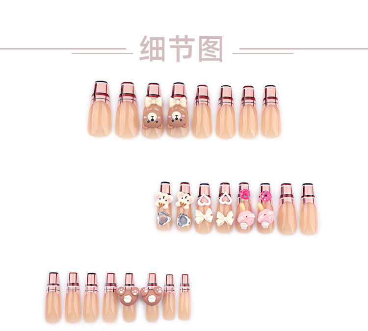 Cartoon Cute Bear Manicure French Plaid Fake Nails Three-Dimensional Bow Brown Wear Wearable Nail Tip Wholesale