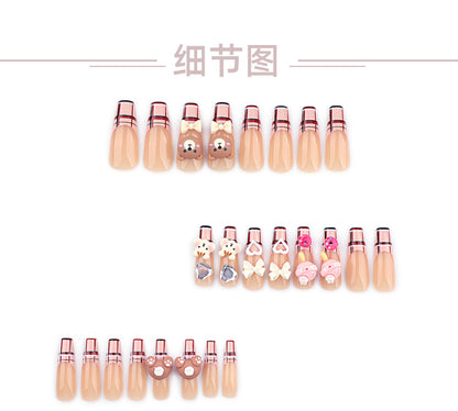 Cartoon Cute Bear Manicure French Plaid Fake Nails Three-Dimensional Bow Brown Wear Wearable Nail Tip Wholesale