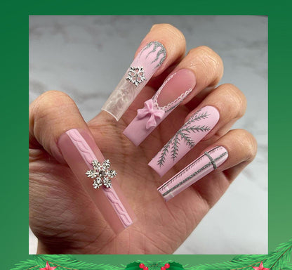 Super Long Water Pipe Nail Fake Nails Pink Sweet Tridimensional Bow Christmas Wear Nail French Snowflake Nail Tip