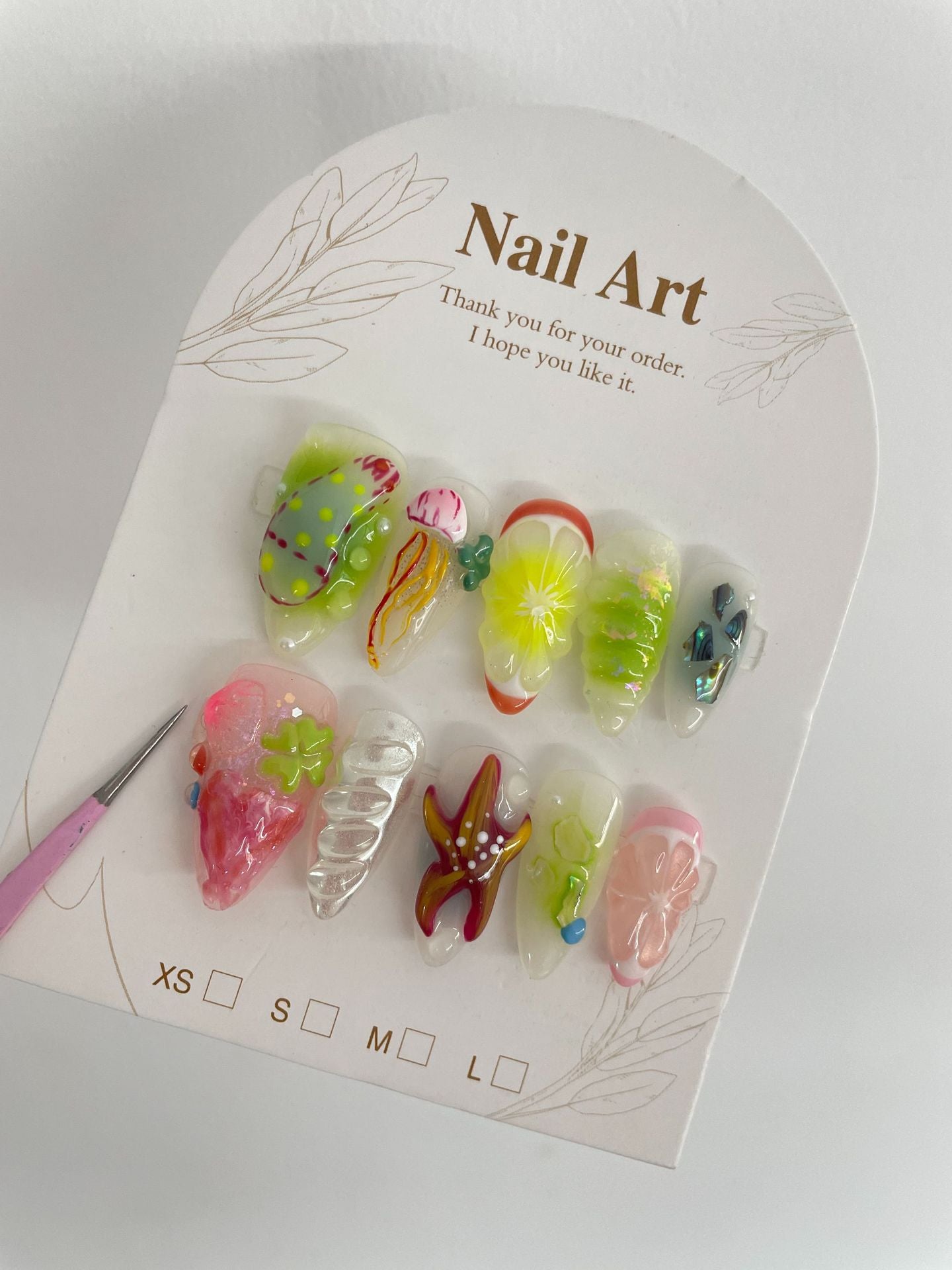 Cross-Border European and American Hand-Painted Happy Underwater World Hot Selling Hot Models Pinch White High-Grade Long Manicure