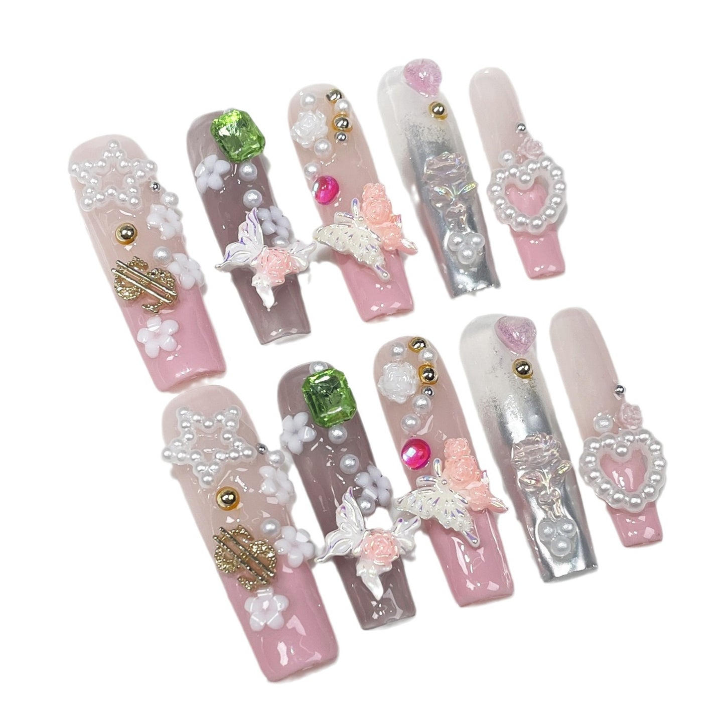 European and American Long Water Pipe Manicure Sweet French Two-Color Butterfly Hand-Worn Nail Cross-Border Wearable Fake Nails Wholesale