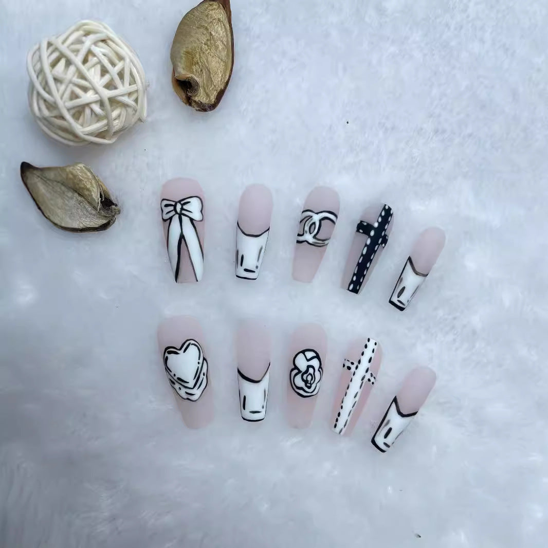 Handmade Wear Nail New Arrival Classic Nude Hand-Painted Two-Dimensional Classic Style High Class Elegant Long Manicure