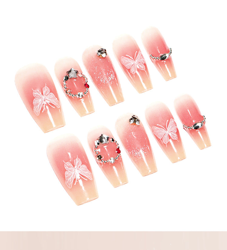 French Cat Eye Sweet Blush Manicure Fake Nails Butterfly Wearable Nail Tip Finished Short Wear Nail Wholesale