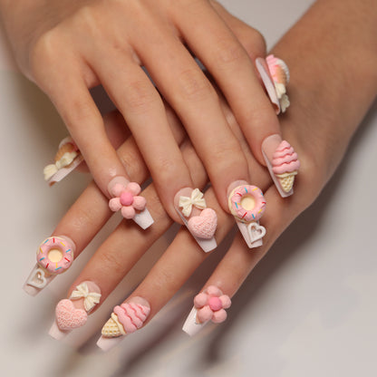 Sweet Cute Pink Ice Cream Cone Manicure Fake Nail Tip Three-Dimensional Love Heart Flowers Wear Nail Nail Patch