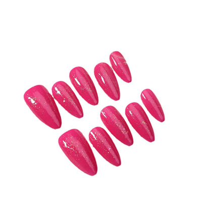 New Simple Sweet Cool Rose Pink Thin and Glittering Almond Hand-Worn Nail Pure Color Ribbon Sequins Fake Nail Tip Pitaya Color