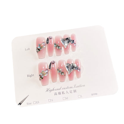 Crooked Heart Pile Rhinestone Hand-Worn Nail Spray Gun Blush Gradient Mid-Length Nail Stickers Wearable Nail Sticker