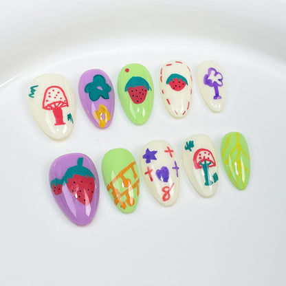 【Dyed Nail】Graffiti Cartoon Handmade Wear Armor Dream Small Mushroom Hand Painted Cute Sweet Strawberry Nail Patch