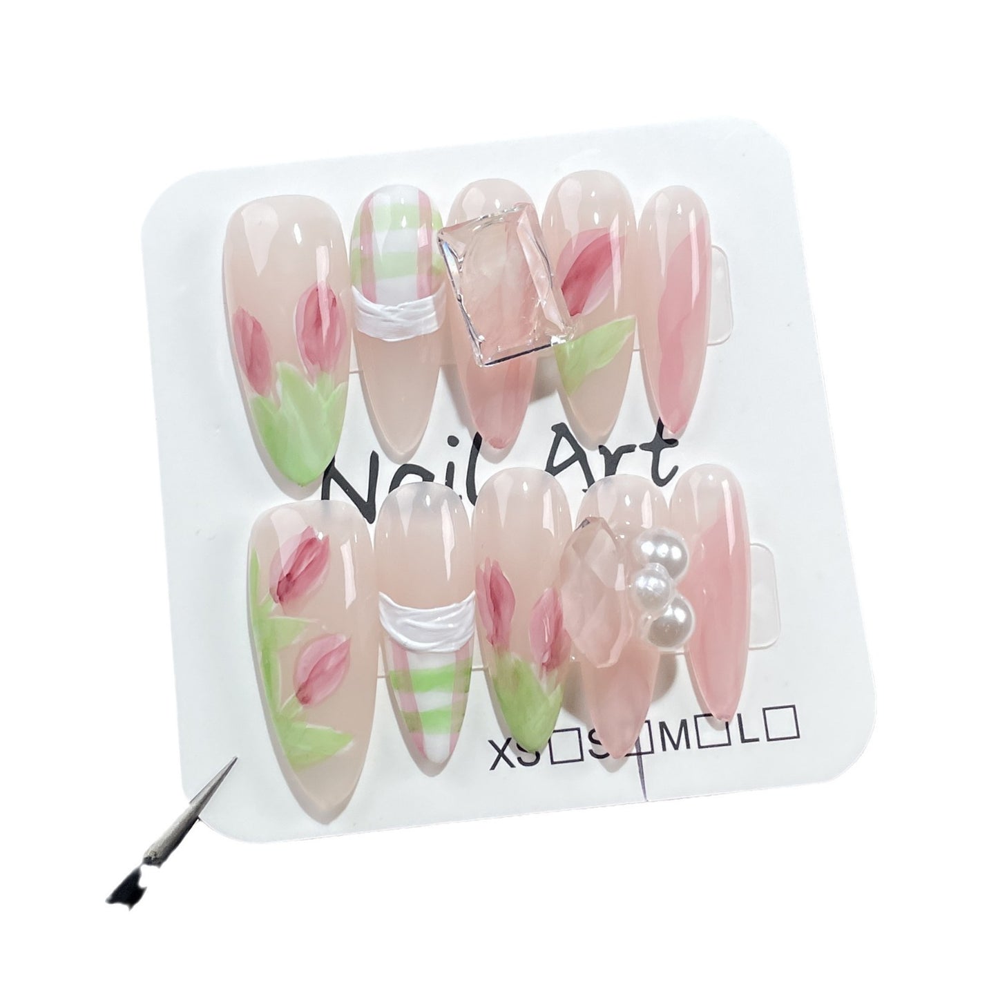 Watercolor Hand-Painted Tulip Hand-Worn Nail Ice Transparent Pure Desire Mid-Length Nail Stickers Sweet Cute Fake Nails