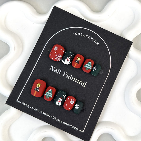 Pure Hand Drawing Christmas Short Wear Nail Tip Autumn and Winter High Sense Nail Stickers Cross-Border Overseas Factory Direct Hair Cartoon