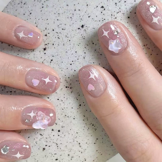 Sweet Pink Nail Sticker Short Love Asterism Five-Pointed Star ins Wind Wear Nail Piece Wearable Nail Shaped Piece