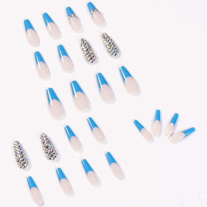 Blue French Full Diamond presson nail Wear Finished Nail Beauty Fake Nails Detachable Nail Stickers Exclusive for Cross-Border