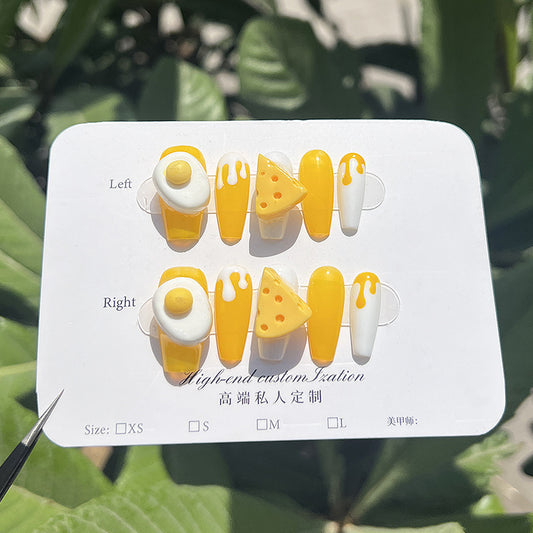 Cartoon Three-Dimensional Egg Yolk Cheese Cute Mid-Length Nail Stickers Fake Nails Handmade Wear Nail Wholesale