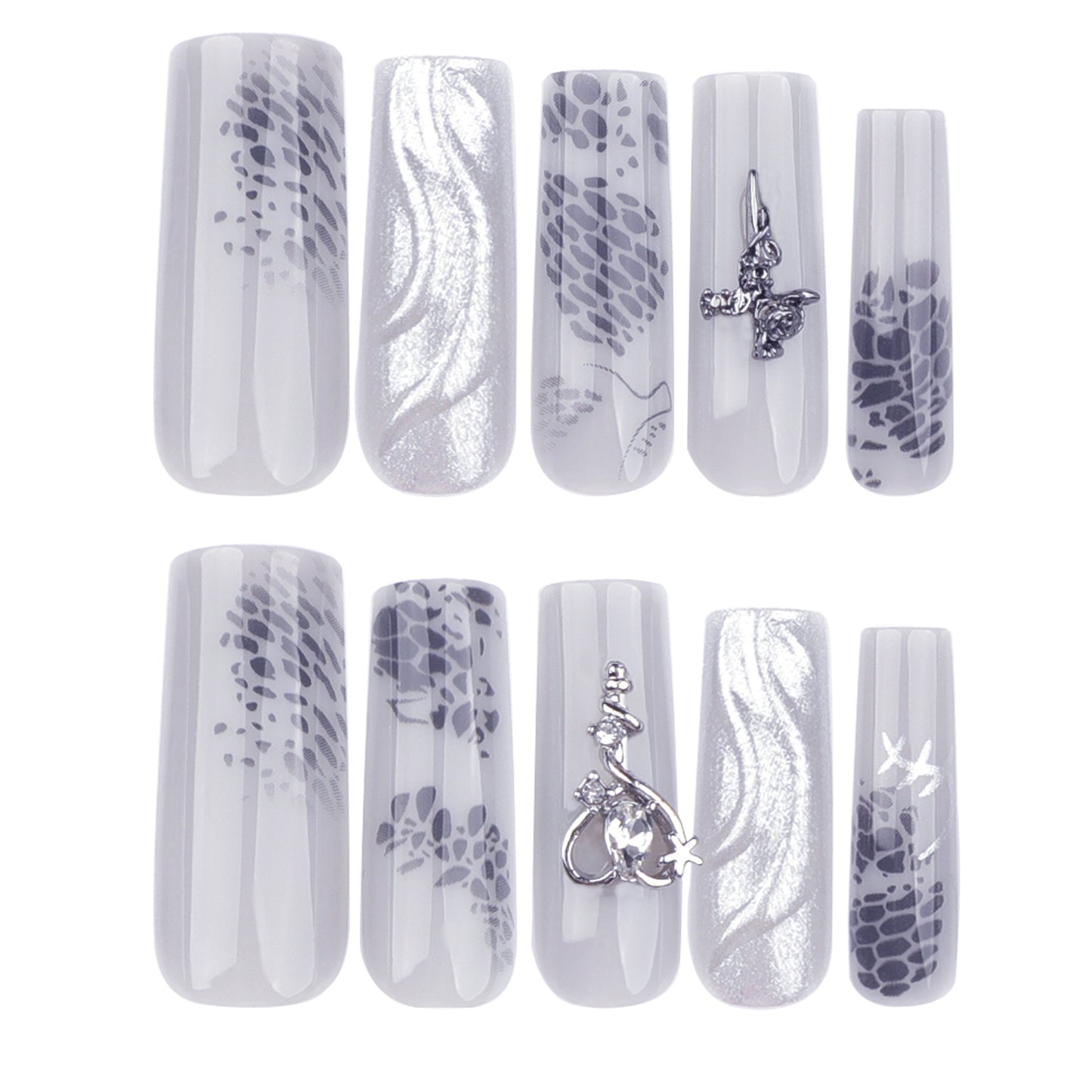 3D Magic Mirror Effect Powder Wear Nail Metal Heart Manicure Fake Nails Hot Girl Cross Rose Nail Tip Finished Product Wholesale