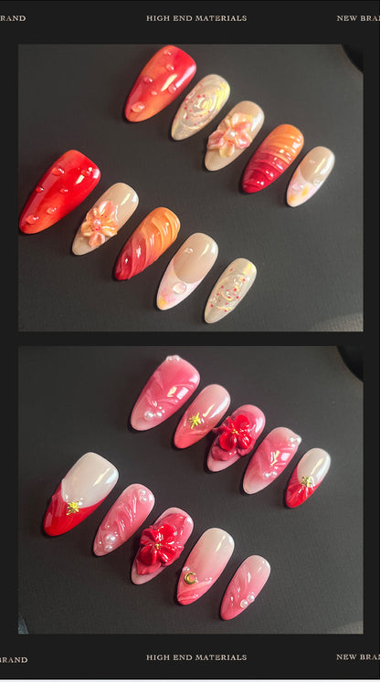 Hot Selling in Europe and America3D Three-Dimensional Carved Almond Nail Pure Hand-Worn Nail Piece