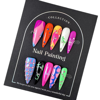 Pure Hand Drawing Flame Handmade Wear Nail Tip High-Grade Summer Contrast Color Long Pointed Cross-Border Handmade Nail Stickers