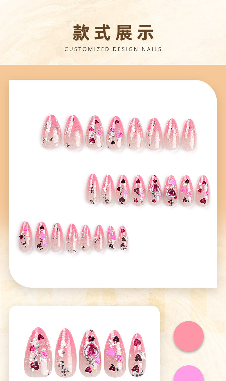 Pink Gradient Wear Nail Polish Piece Love Gem Glitter Nail Sticker Light Luxury Silver Paillette Nail Patch Wholesale