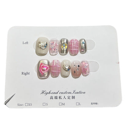 Handmade Wear Hot Girl Sweet y2k Plaid Magic Mirror Effect Powder Short Nail Stickers Reusable Fake Nails