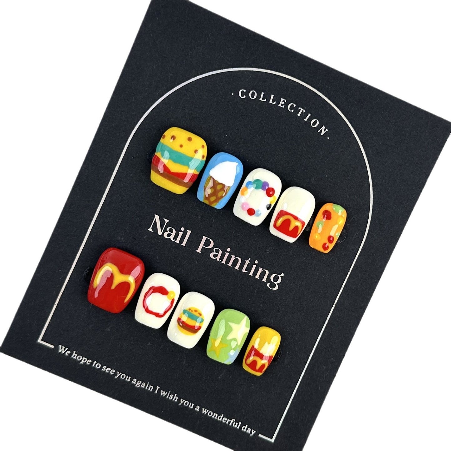 Cartoon Hamburger Hand-Painted Summer New Unique Handmade Wear Armor Nail Stickers Overseas Cross-Border Finished Products Wholesale