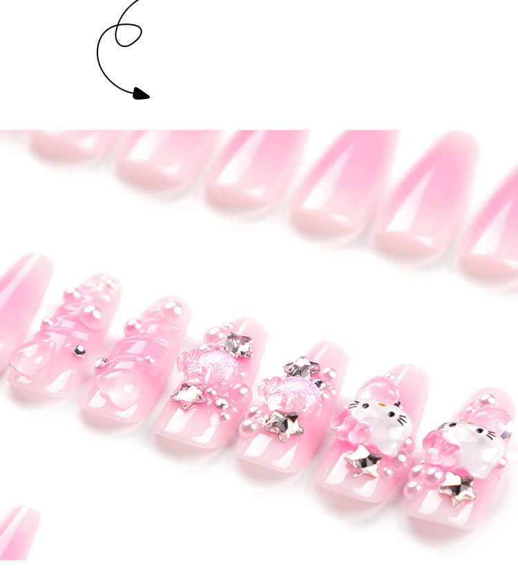 Cute Hello Kitty Nail Polish Three-Dimensional Water Ripple Nail Beauty Nail Stickers Bow Wearable Nail Tip