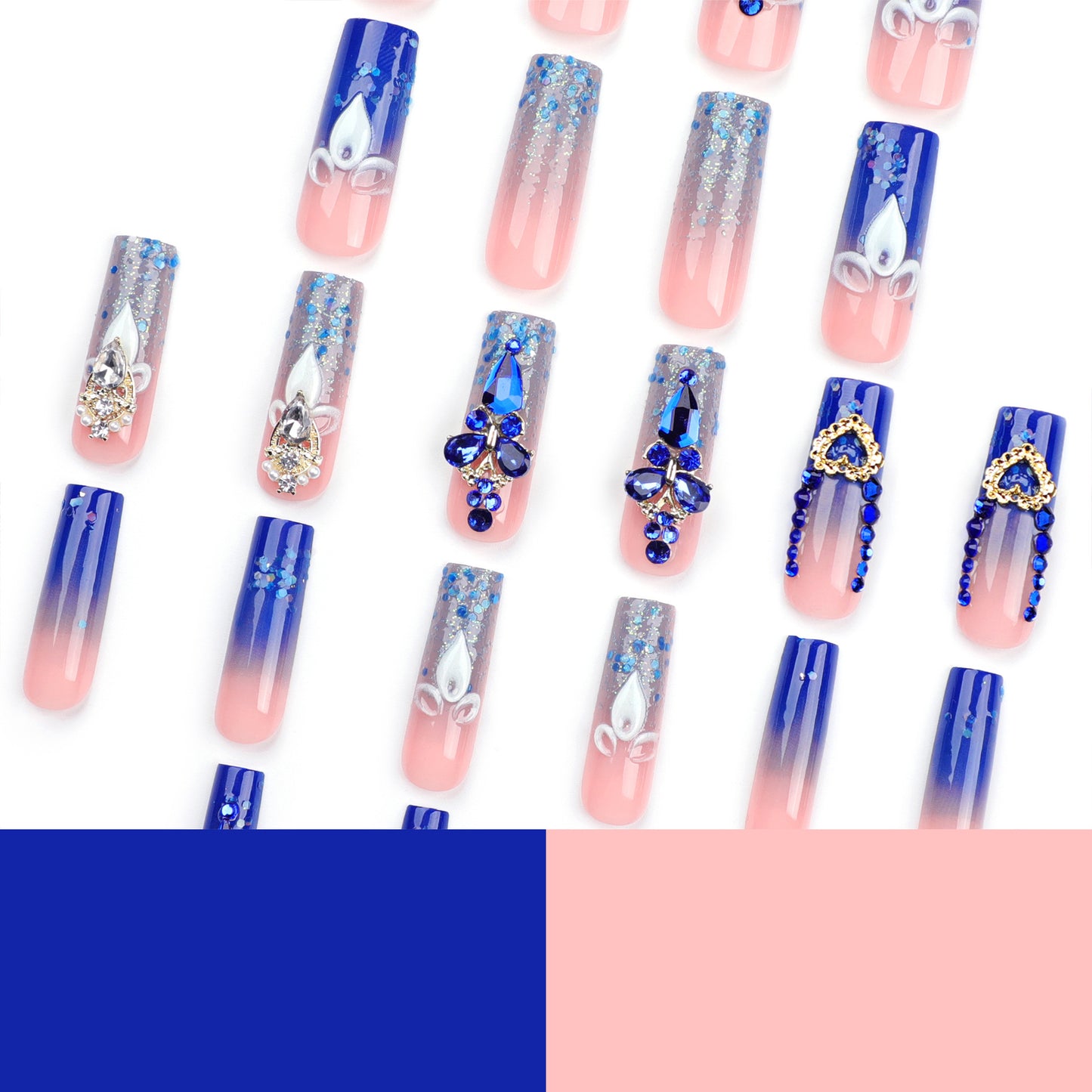 French Wear Nail Wholesale Cross-Border Hot Rhinestone Flash Nail Tips Finished Water Pipe Type Rectangular Nail Fake Nails