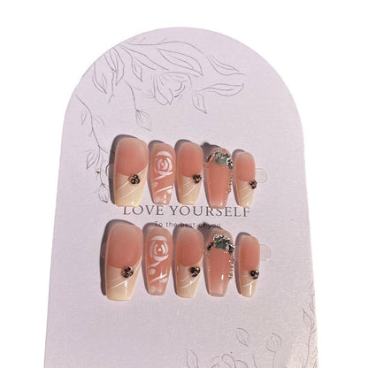 Rose Manor Hand-Worn Nail French Hand-Painted Rose Temperament Pure Desire Nail Stickers Affordable Luxury Style Wear Nail Middle Ladder