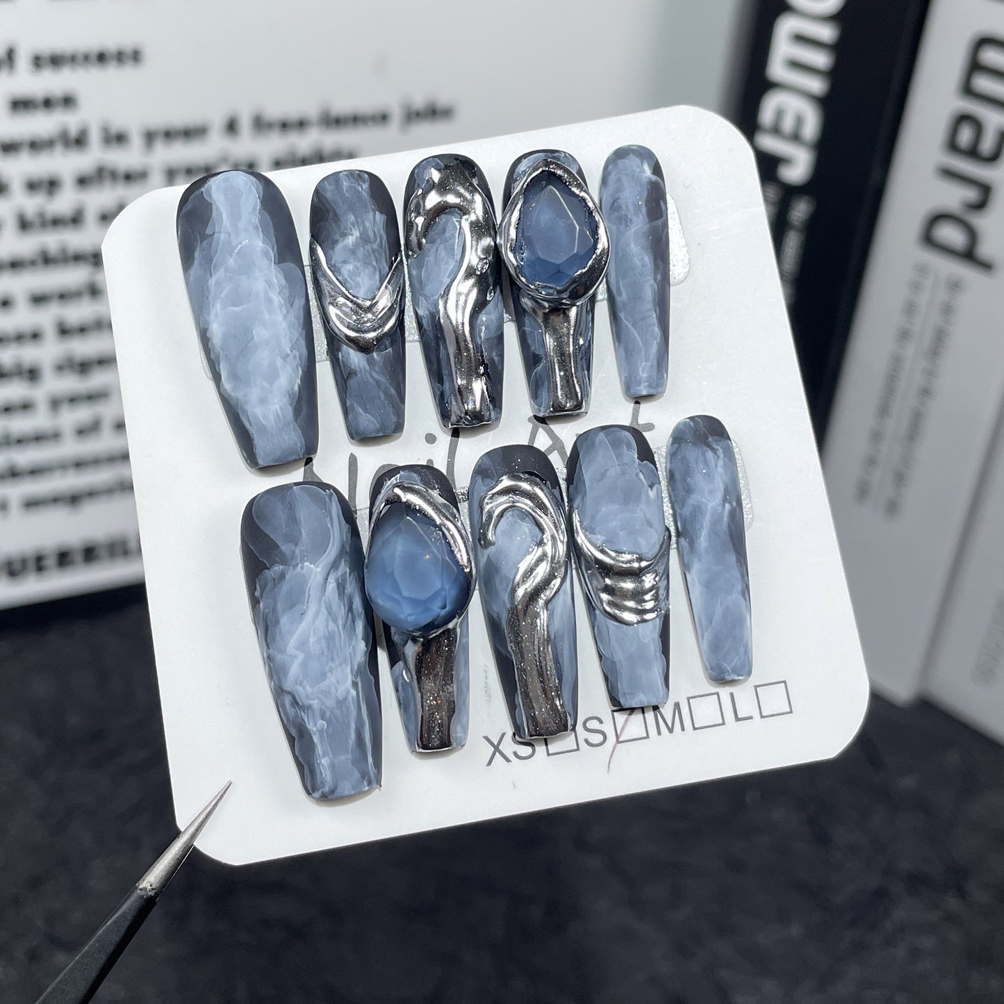 Light Luxury Heavy Industry Manual Wear Nail Watercolor Blooming Advanced Long Nail Stickers Metal Three-Dimensional Modeling Fake Nails