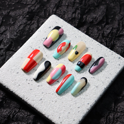 New Nail Beauty Patch European and American Advanced Handmade Hand-Painted Personality Y2K Hot Girl Dopamine Contrast Color Geometric Figure