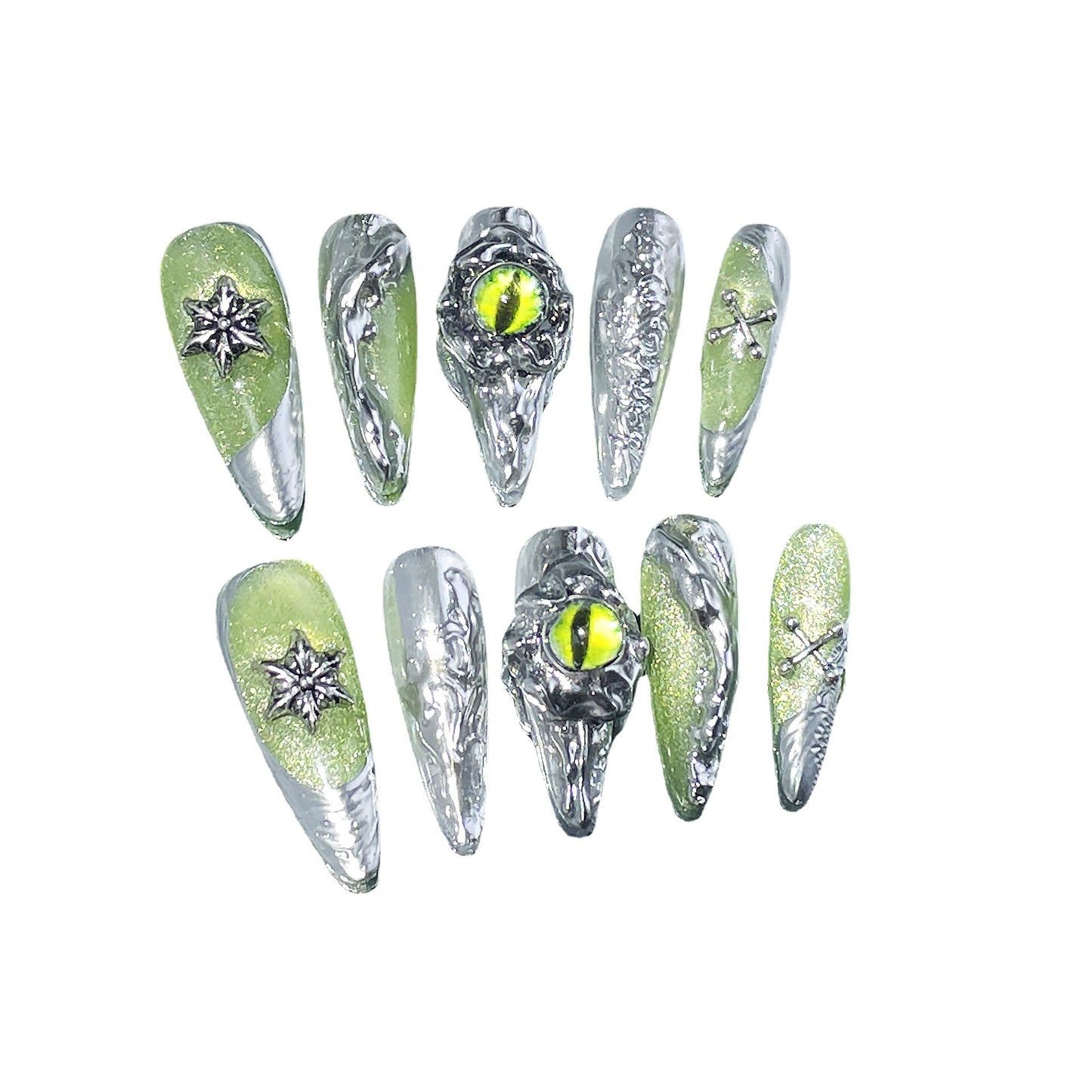 European and American Style Hot Dark Long Pointed Handmade Wear Nail Fairy Pupil Metal Magic Color Long Nail Stickers Wholesale