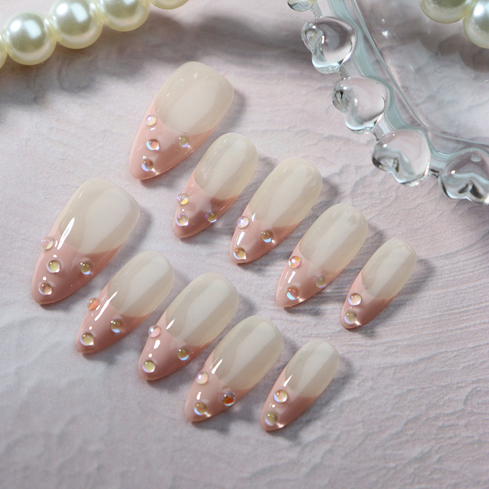 New Sweet Style Bubble French Hand-Wear Nail Almond-Shaped Leather Pink Hand-Wear Nail Natural Style