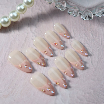 New Sweet Style Bubble French Hand-Wear Nail Almond-Shaped Leather Pink Hand-Wear Nail Natural Style