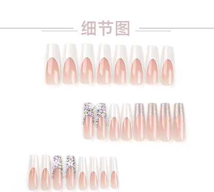 French Style White Edge New European and American Wear Nail Flower Colorful Crystals Super Long Manicure Fake Nails Nail Tip Finished Product Wholesale