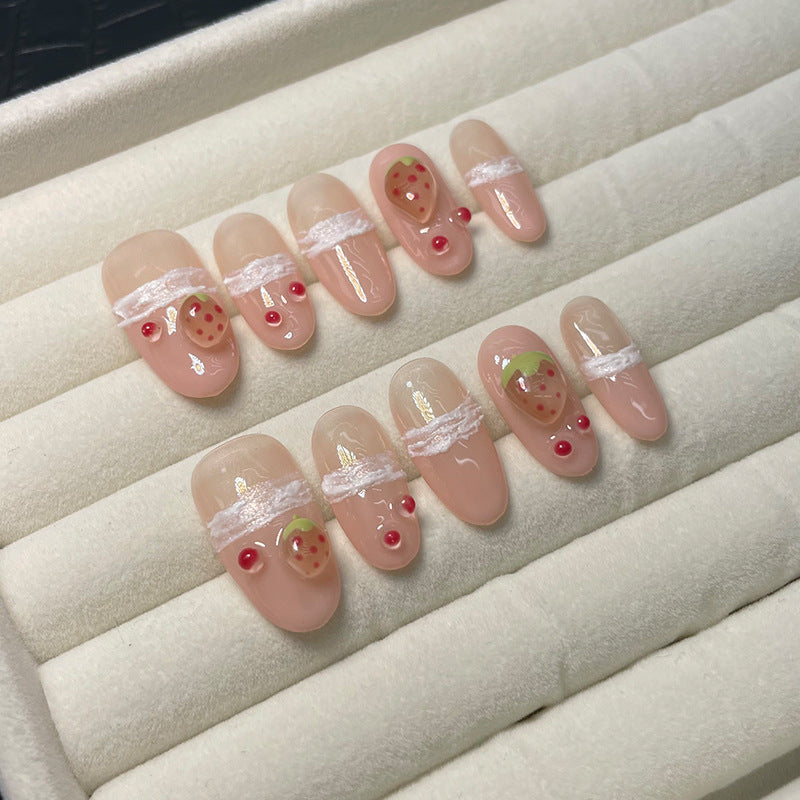 Handmade Wear Nail Hand-Painted Pinch Strawberry Medium Oval French Cute Style Wear Manicure Detachable Nail Sticker