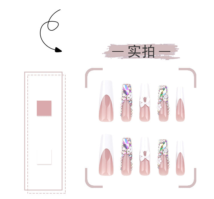 Rhinestone Flash Wear Nail Piece Wholesale Cross-Border French White Nail Bow Flower Rectangular Fake Nails