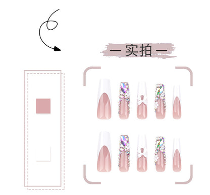 Rhinestone Flash Wear Nail Piece Wholesale Cross-Border French White Nail Bow Flower Rectangular Fake Nails