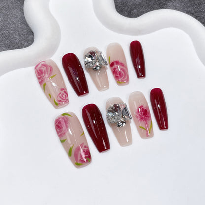 Autumn and Winter New Hand-Painted Rose Hand-Worn Armor Simple Pile Rhinestone Advanced Nail Stickers Wearable Nail Sticker