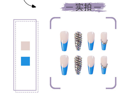 Blue French Full Diamond presson nail Wear Finished Nail Beauty Fake Nails Detachable Nail Stickers Exclusive for Cross-Border