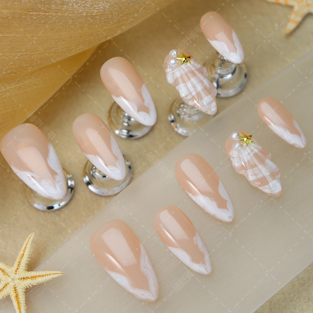 Cross-Border Handmade Wear Nail Small Fresh Shell Starfish Hand Painted White Wings Nail Tip Finished Products Wholesale Detachable