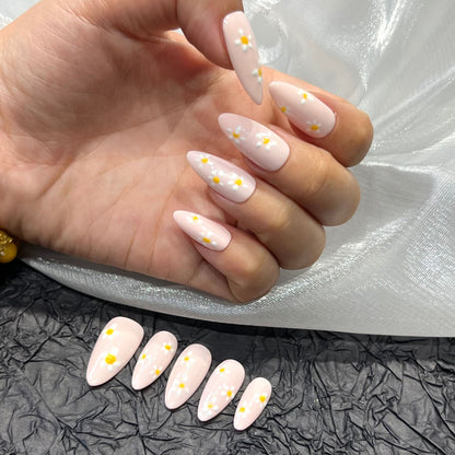 Autumn and Winter New High-Grade Almond Short Nail Pure Hand Drawing Petals Nude Color Series All-Match White Cross-Border European and American Factory