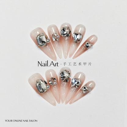 Handmade Wear Armor High-Grade Cat Eye Rhinestone Pearl Brandy Handmade Nail Stickers Fake Nail Tip Wholesale