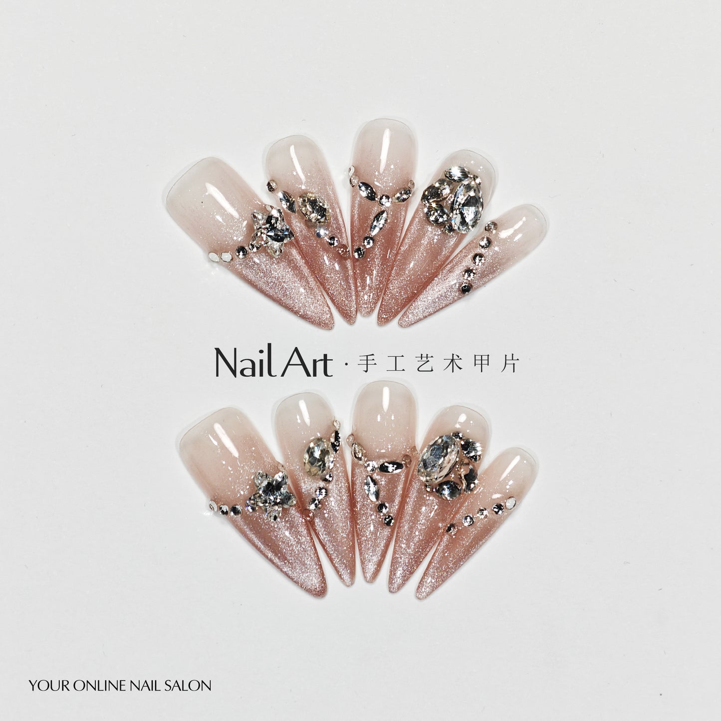 Handmade Wear Armor High-Grade Ice Transparent White Cat Eyes Long Pointed Nail Stickers Handmade Fake Nail Tip Wholesale