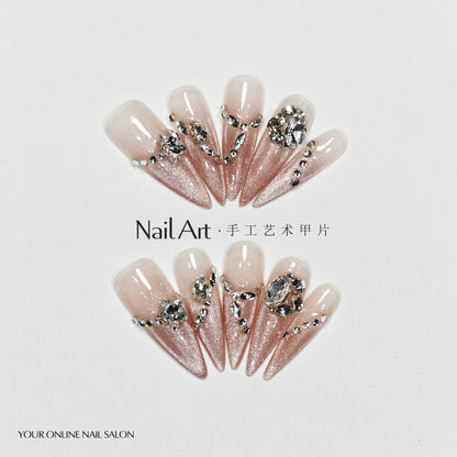 Handmade Wear Armor High-Grade Ice Transparent White Cat Eyes Long Pointed Nail Stickers Handmade Fake Nail Tip Wholesale