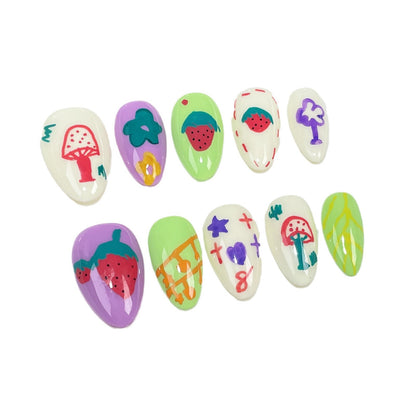 【Dyed Nail】Graffiti Cartoon Handmade Wear Armor Dream Small Mushroom Hand Painted Cute Sweet Strawberry Nail Patch