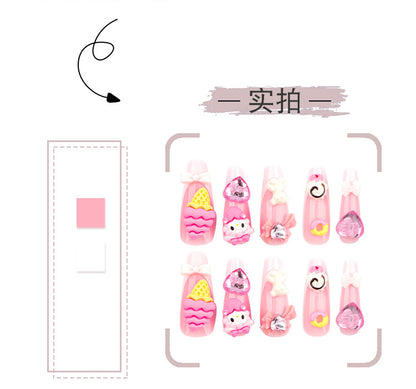 Sweet Cartoon Pink Nail Art Cone Ice Cream Wear Nail Three-Dimensional Bow Nail Tip Love Heart Rhinestone Fake Nails