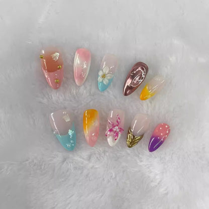 Cross-Border Hot Selling Popular Blooming Hand-Painted Three-Dimensional Carved White Elegant High-Grade Mid-Length Manicure