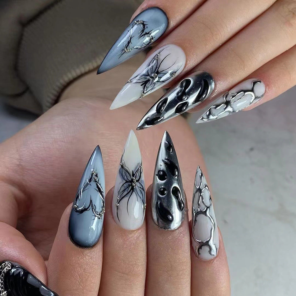 3D Three-Dimensional Water Ripple Wear Nail Cool Super Long Pointed Nail Piece Europe and America Cross Border Butterfly Hot Silver Fake Nails