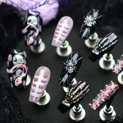 New Halloween Style Wear Nail Heavy Industry Hand-Painted Production3d Three-Dimensional Snake Spider Rhombus Net Manicure Fake Nail Tip Factory