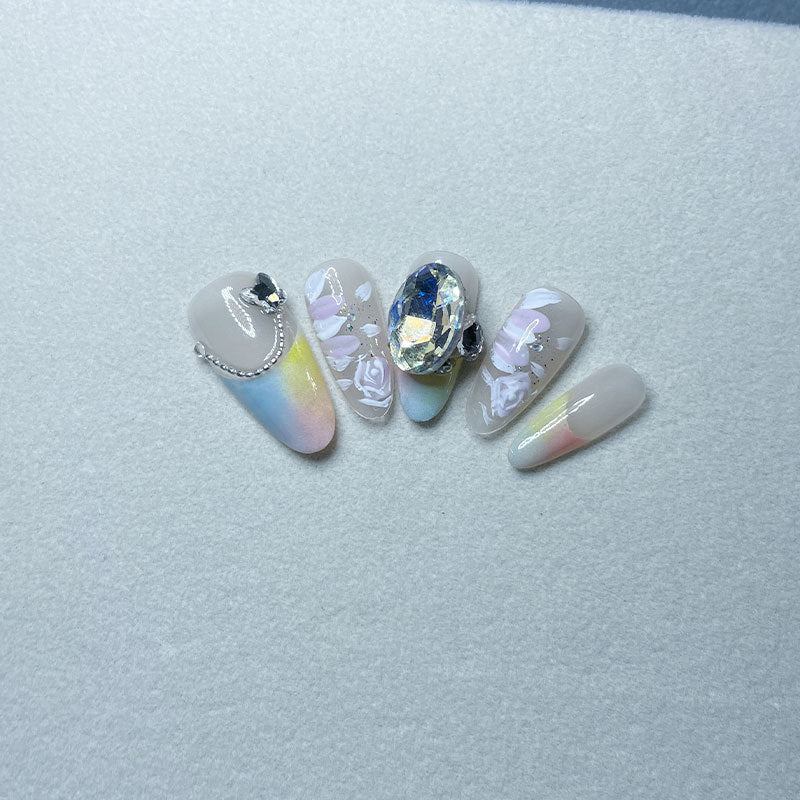 【Rainbow Dreamland】High-End Affordable Luxury Manicure Medium Oval French Hand-Wear Armor Popular Pure Desire Dopamine Style